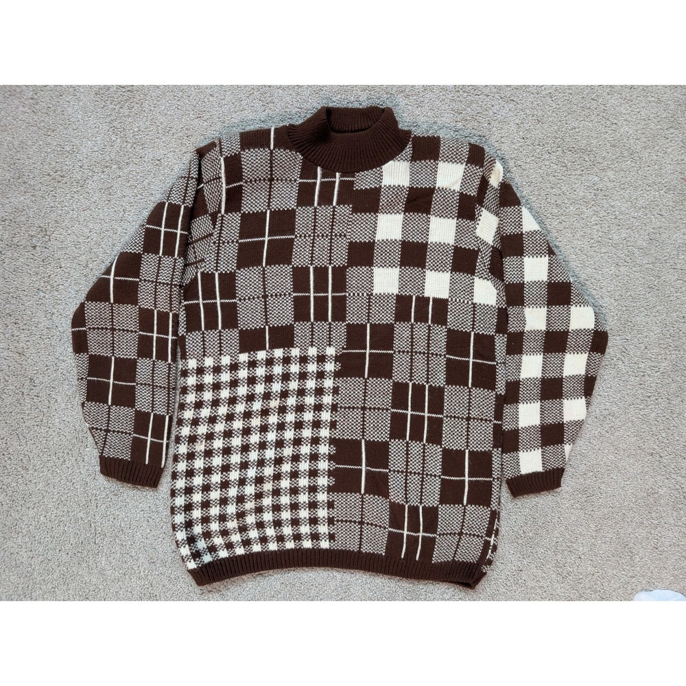 Vintage 90s Alfred Dunner Brown Plaid Patchwork Mock Neck Sweater Made USA S